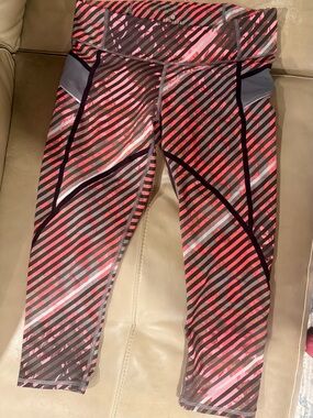 Athleta Pink Coral & Black Striped Capri Leggings with Gray Accents